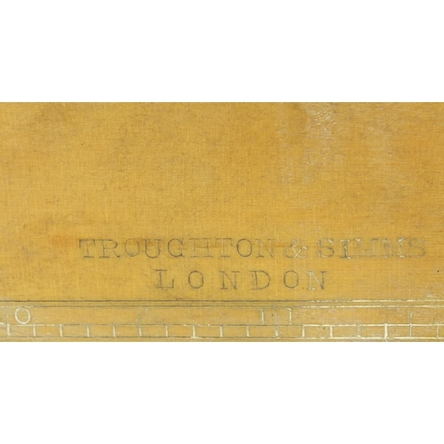 142 - Troughton & Sims of London brass and boxwood folding ruler with inset clinometer and brown leather p... 