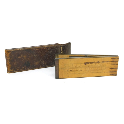 142 - Troughton & Sims of London brass and boxwood folding ruler with inset clinometer and brown leather p... 