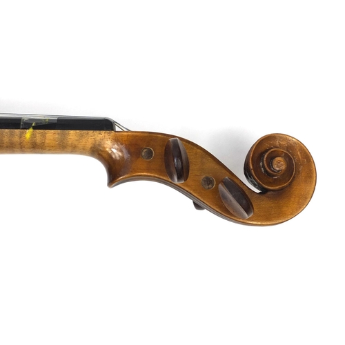 160 - Old wooden violin with one piece back and scrolled neck, together with a bow and fitted carrying cas... 