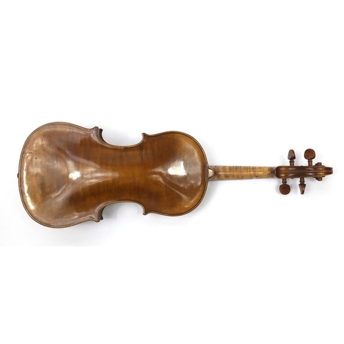 160 - Old wooden violin with one piece back and scrolled neck, together with a bow and fitted carrying cas... 