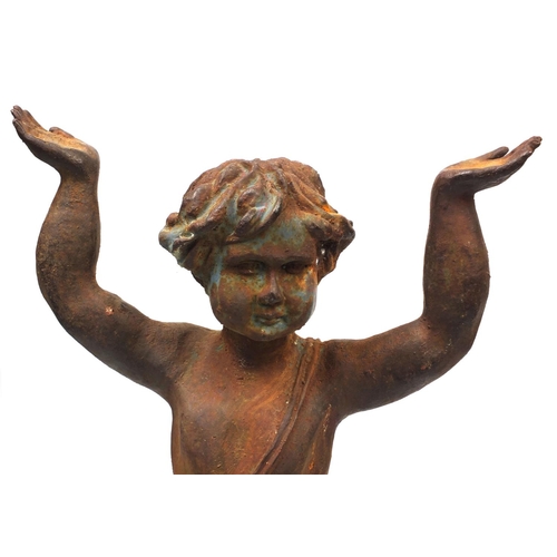 128 - Cast iron garden statue of a semi nude boy with raised arms, 80cm high