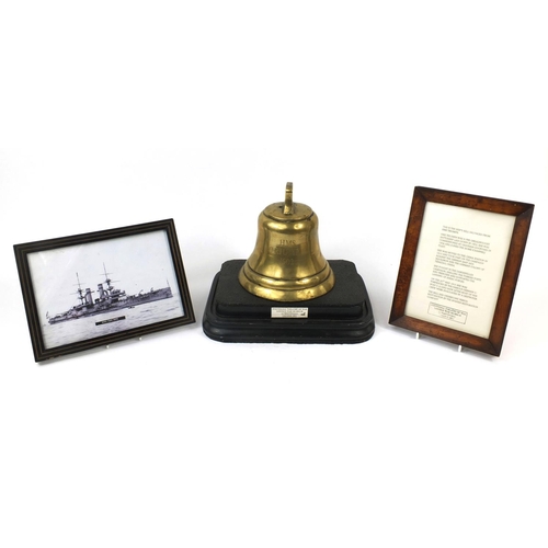 116 - Naval interest bronze bell reputedly taken from the battleship HMS Triumph, together with framed let... 