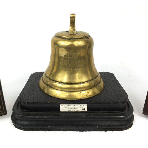 116 - Naval interest bronze bell reputedly taken from the battleship HMS Triumph, together with framed let... 