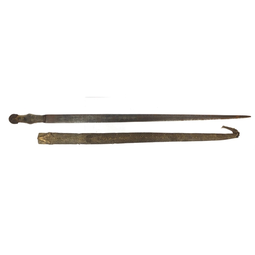 334 - Middle Eastern steel sword with chased decoration, housed in a snakeskin case, the sword 88cm long