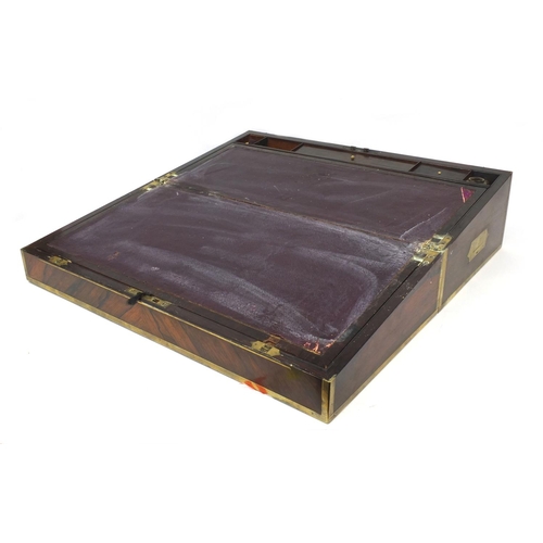 16 - Large Victorian brass bound rosewood writing slope with glass inkwells and a carrying handles, 19cm ... 