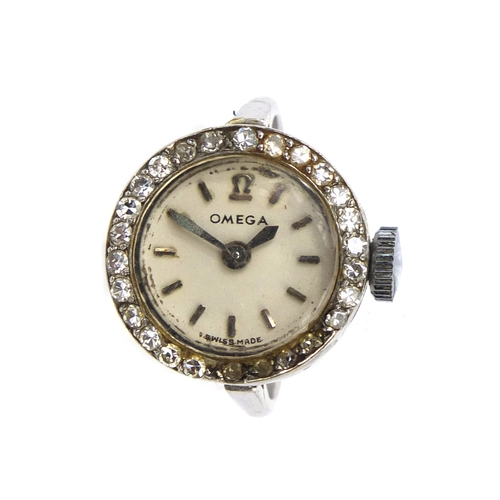 859 - Ladies white metal Omega watch ring, the case set with twenty six diamonds and inscribed 'All Plat',... 