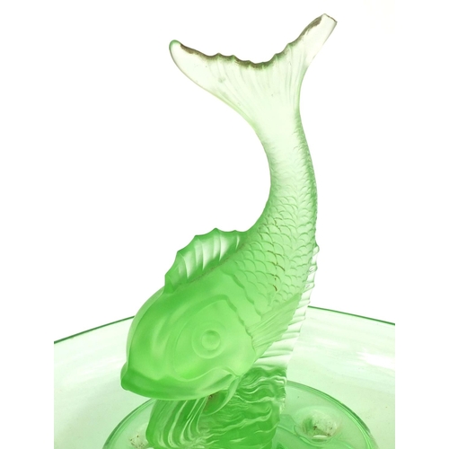 2097 - Art Deco green glass centre piece decorated with a dolphin, 26cm high