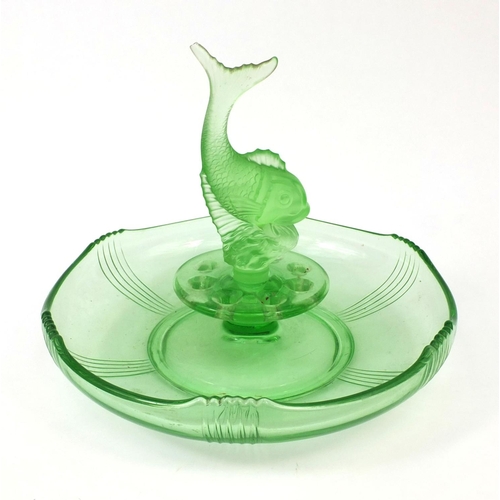 2097 - Art Deco green glass centre piece decorated with a dolphin, 26cm high