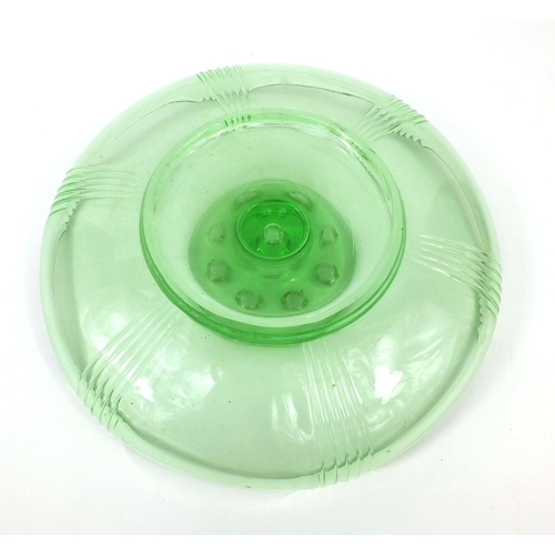 2097 - Art Deco green glass centre piece decorated with a dolphin, 26cm high