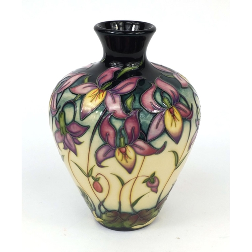 2059 - Boxed limited edition Moorcroft pottery Queens Meadow patterned vase, designed by RJ Bishop, factory... 