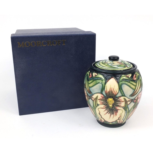 2064 - Boxed limited edition Moorcroft pottery Aphrodite patterned sweet jar and cover, designed by Shirley... 