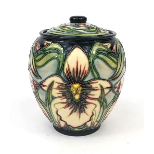 2064 - Boxed limited edition Moorcroft pottery Aphrodite patterned sweet jar and cover, designed by Shirley... 