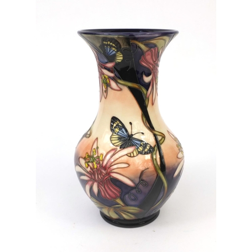 2062 - Boxed limited edition Moorcroft pottery longwing patterned vase, design by Siam Leeper, factory mark... 