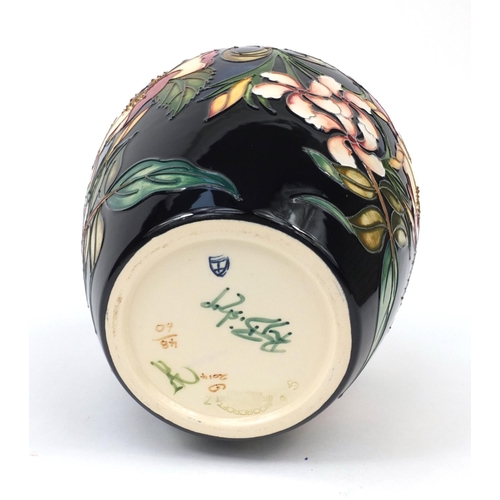 2058 - Boxed limited edition Moorcroft Lacame patterned vase, designed by RJ Bishop, factory marks, No.48/6... 