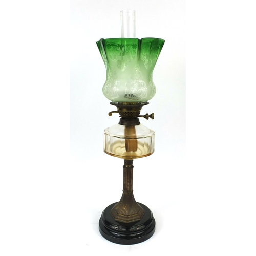 2096 - Victorian oil lamp with reeded brass column and etched lass shade, 66cm high