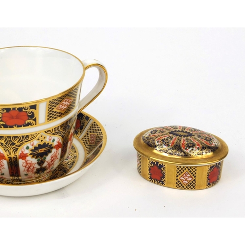 2050 - Group of Royal Crown Derby Imari patterned porcelain comprising two trinkets and a cup and saucer, t... 