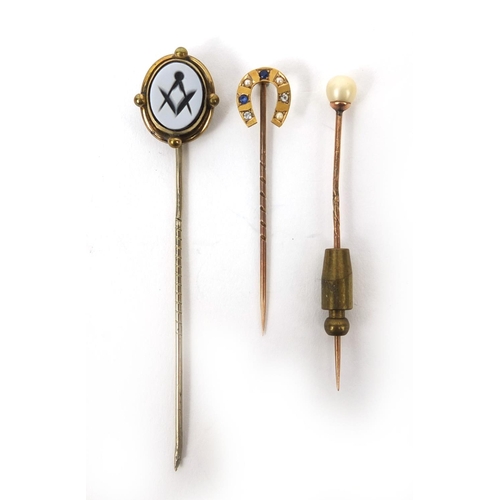 2497 - Three tie pins including a masonic example, approximate weight 5.8g