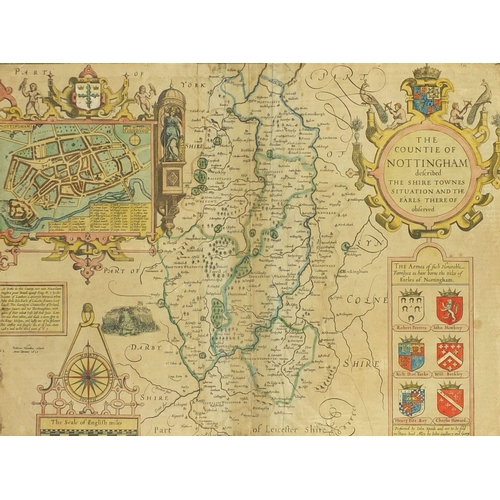 229 - 17th century John Speede map of Nottingham, with coats of arms, framed, 49cm x 38cm excluding the fr... 