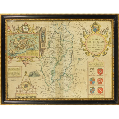 229 - 17th century John Speede map of Nottingham, with coats of arms, framed, 49cm x 38cm excluding the fr... 