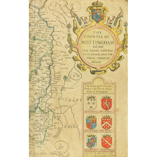 229 - 17th century John Speede map of Nottingham, with coats of arms, framed, 49cm x 38cm excluding the fr... 