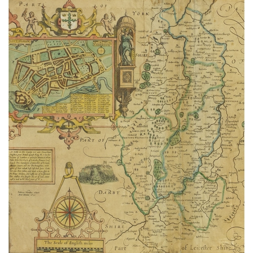 229 - 17th century John Speede map of Nottingham, with coats of arms, framed, 49cm x 38cm excluding the fr... 