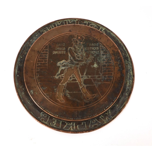 175 - Johnny Walker advertising embossed copper tray, 34cm in diameter