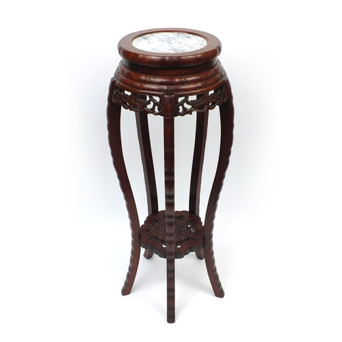 2031 - Chinese hard wood plant stand with marble inset top and under tier, 82cm high