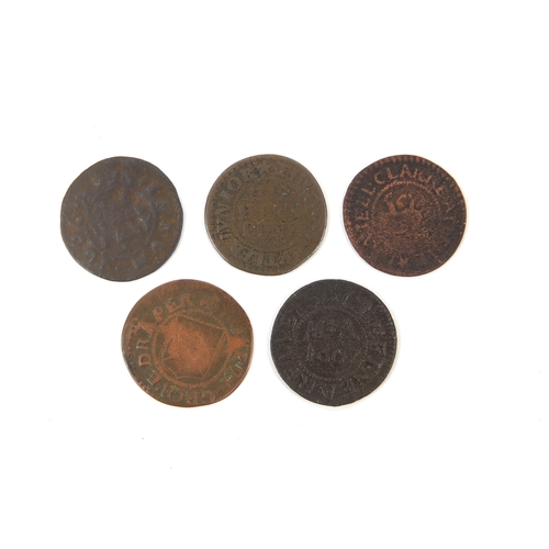 267 - Group of five 17th century 'his half peny' trade tokens, including Mary Akehurst of Lewes and Robert... 