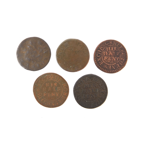 267 - Group of five 17th century 'his half peny' trade tokens, including Mary Akehurst of Lewes and Robert... 