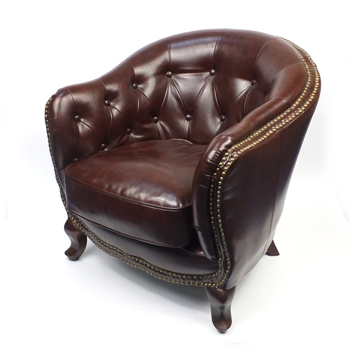 2009A - Pair of brown leather club chairs with horse shoe shaped back and button upholstery, 79cm high