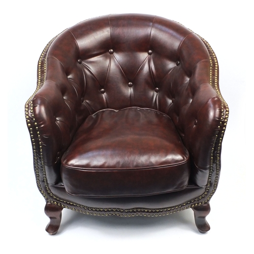 2009A - Pair of brown leather club chairs with horse shoe shaped back and button upholstery, 79cm high