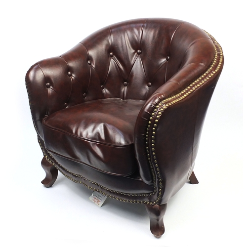 2009A - Pair of brown leather club chairs with horse shoe shaped back and button upholstery, 79cm high