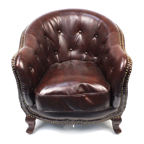 2009A - Pair of brown leather club chairs with horse shoe shaped back and button upholstery, 79cm high