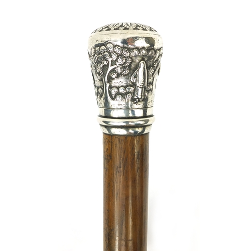 40 - Wooden walking stick with silver pommel, embossed with Oriental figures in village, 94cm long
