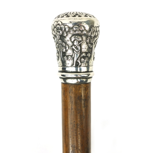 40 - Wooden walking stick with silver pommel, embossed with Oriental figures in village, 94cm long