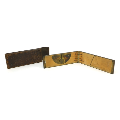 142 - Troughton & Sims of London brass and boxwood folding ruler with inset clinometer and brown leather p... 