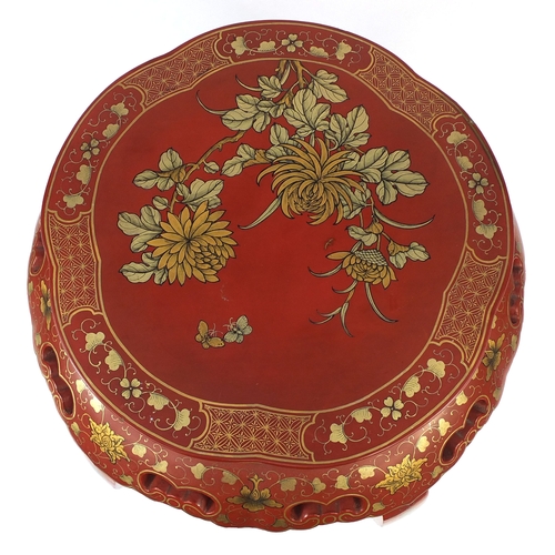 2036 - Chinese red lacquered and gilt jardinière stand, 45cm high