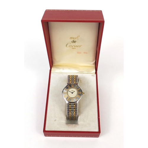 839 - Boxed Must de Cartier wristwatch with blue sapphire crown, the watch 3.2cm wide including the crown