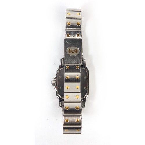 840 - Boxed ladies Must de Cartier Santos wristwatch with sapphire crown, No.CC72248 to the back, the watc... 