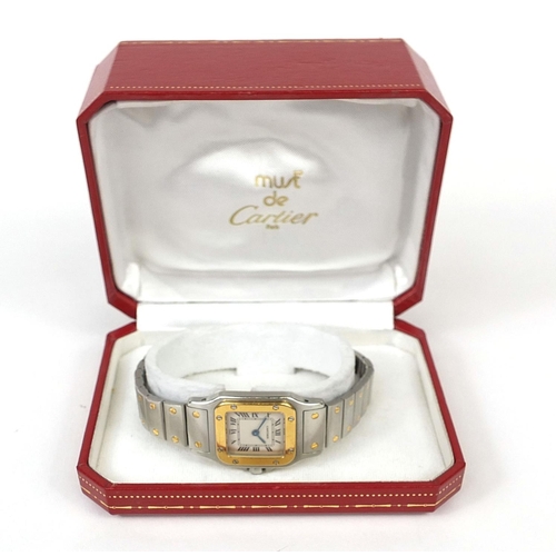 840 - Boxed ladies Must de Cartier Santos wristwatch with sapphire crown, No.CC72248 to the back, the watc... 