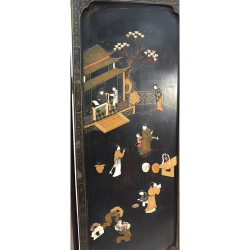 2007 - Oriental folding four section room divider, decorated in relief with pagodas and figures and animals... 