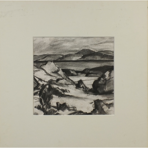 1036 - Charcoal onto paper, rocky landscape, bearing and indistinct signature, mounted, 35cm x 34cm excludi... 