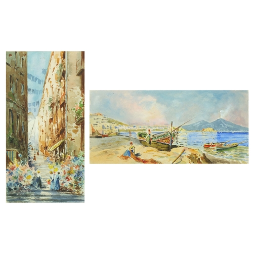 1037 - Two Italian School watercolours, one depicting the coast of Vesuvius, the other a street scene, each... 