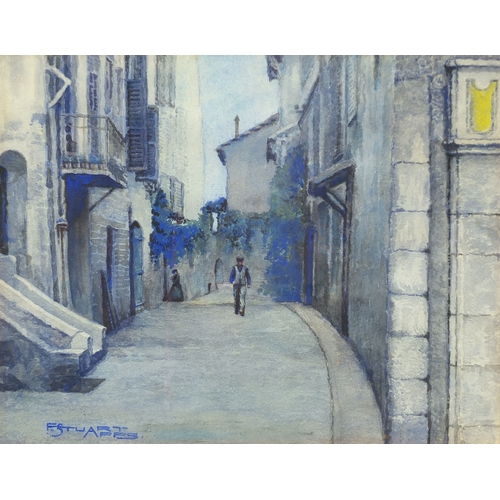 1039 - Stuart Apps - Watercolour, figures in a street scene, mounted and gilt framed, 36cm x 28cm excluding... 