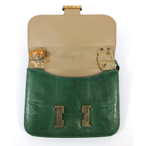 64 - Vintage green snake skin shoulder bag, possibly Hermes, 22cm wide