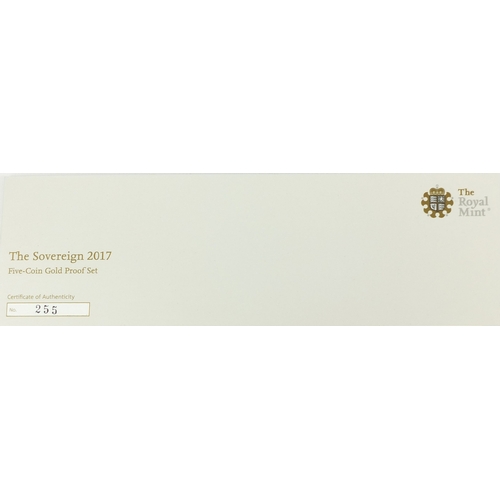 249a - Boxed The Sovereign 2017 five coin gold proof set by The Royal Mint, limited edition 255 of 750 with... 