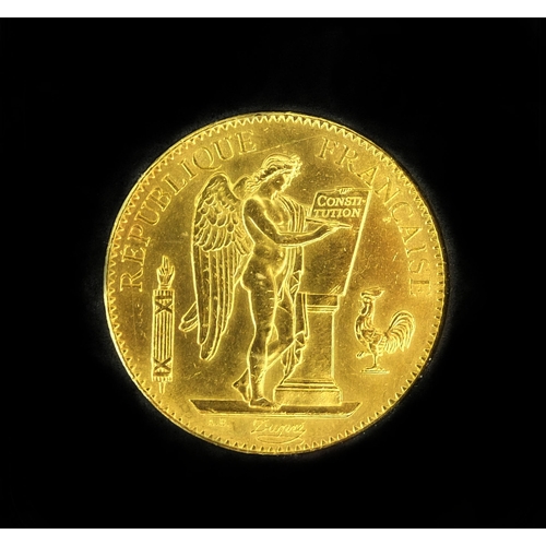 249c - Boxed French 100 Frances gold coin, of Guardian Angel design with CAO, approximate weight 32.26g
