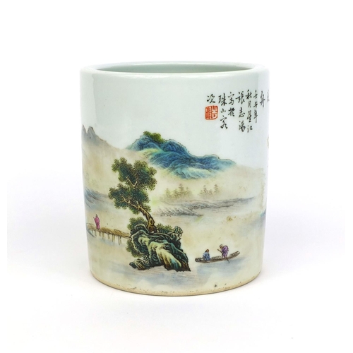 367 - Chinese porcelain cylindrical brush pot, hand painted in the famille rose palette with a river lands... 
