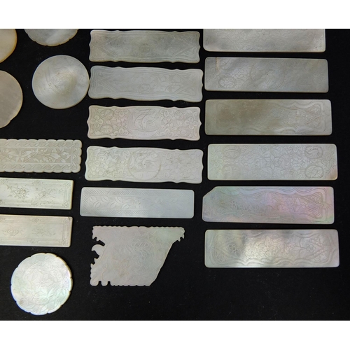 448 - Collection of Chinese Cantonese Mother of Pearl gaming counters and cotton winders, various shapes, ... 