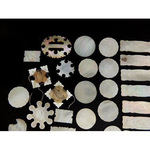 448 - Collection of Chinese Cantonese Mother of Pearl gaming counters and cotton winders, various shapes, ... 